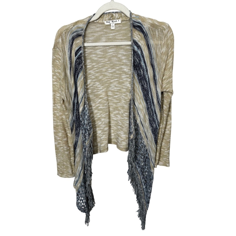 Say What? New York Open Front Cardigan Fringed Trim Tan Blue Women's Size Medium